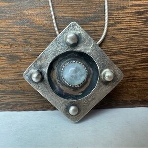 Vintage Sterling Silver Hammered Square Artsist Piece Signed Moonstone Necklace